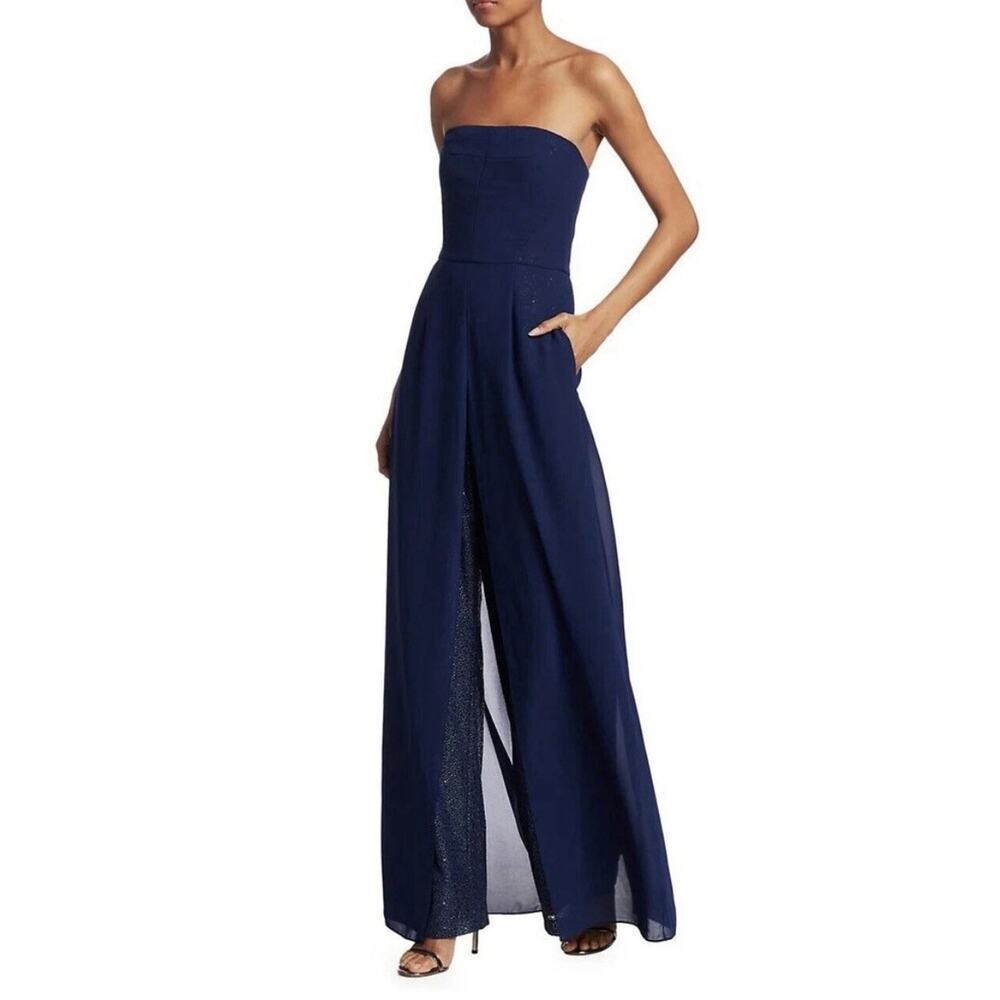 Halston Womens Navy Georgette Overlay Sequin Strapless Jumpsuit Size 4 ($525)